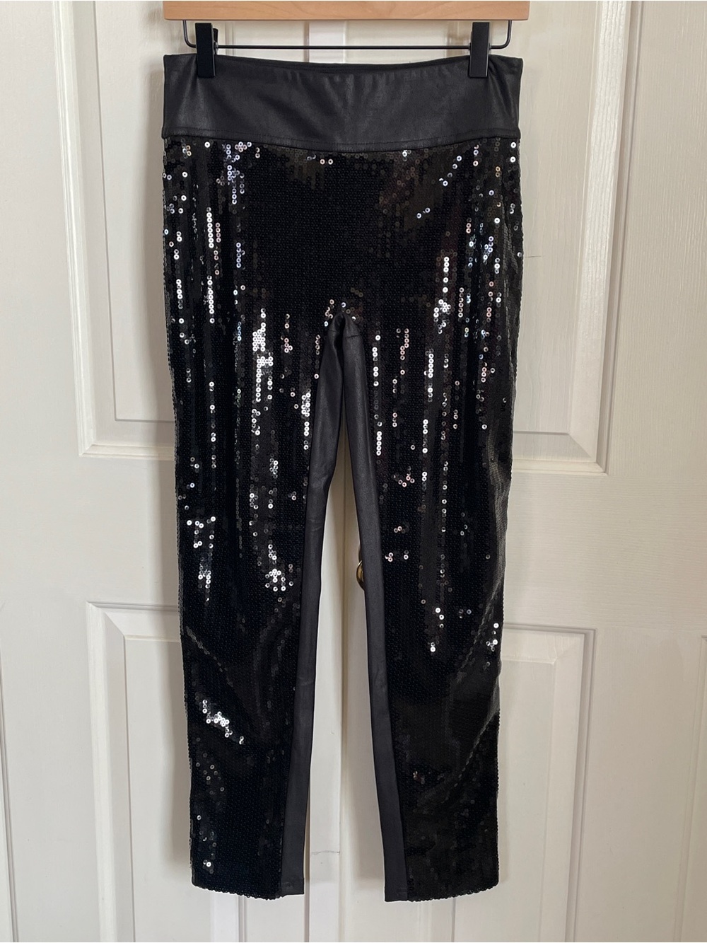 Saints 21 Black Sequin Faux Leather Skinny Leggings Size M